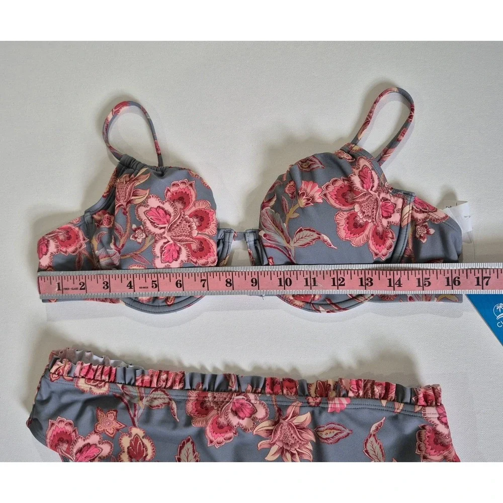 Cupshe Womens Floral Underwire Bikini Set High Waisted Ruffle Grey Pink New‎